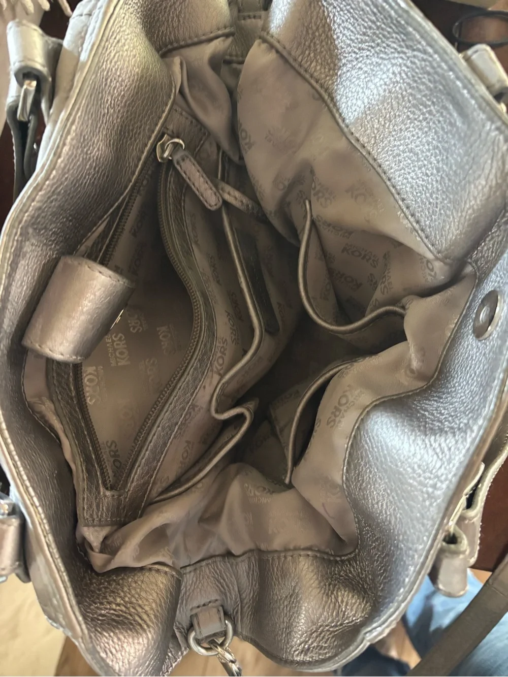 Michael Kors Metallic Gray Leather Hobo with Polished Plaque